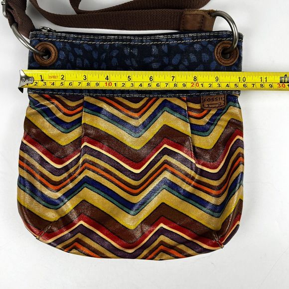 Fossil Key-Per Crossbody Bag Coated Canvas Aztec Chevron Print Blue Denim Trim‎ - Picture 9 of 16